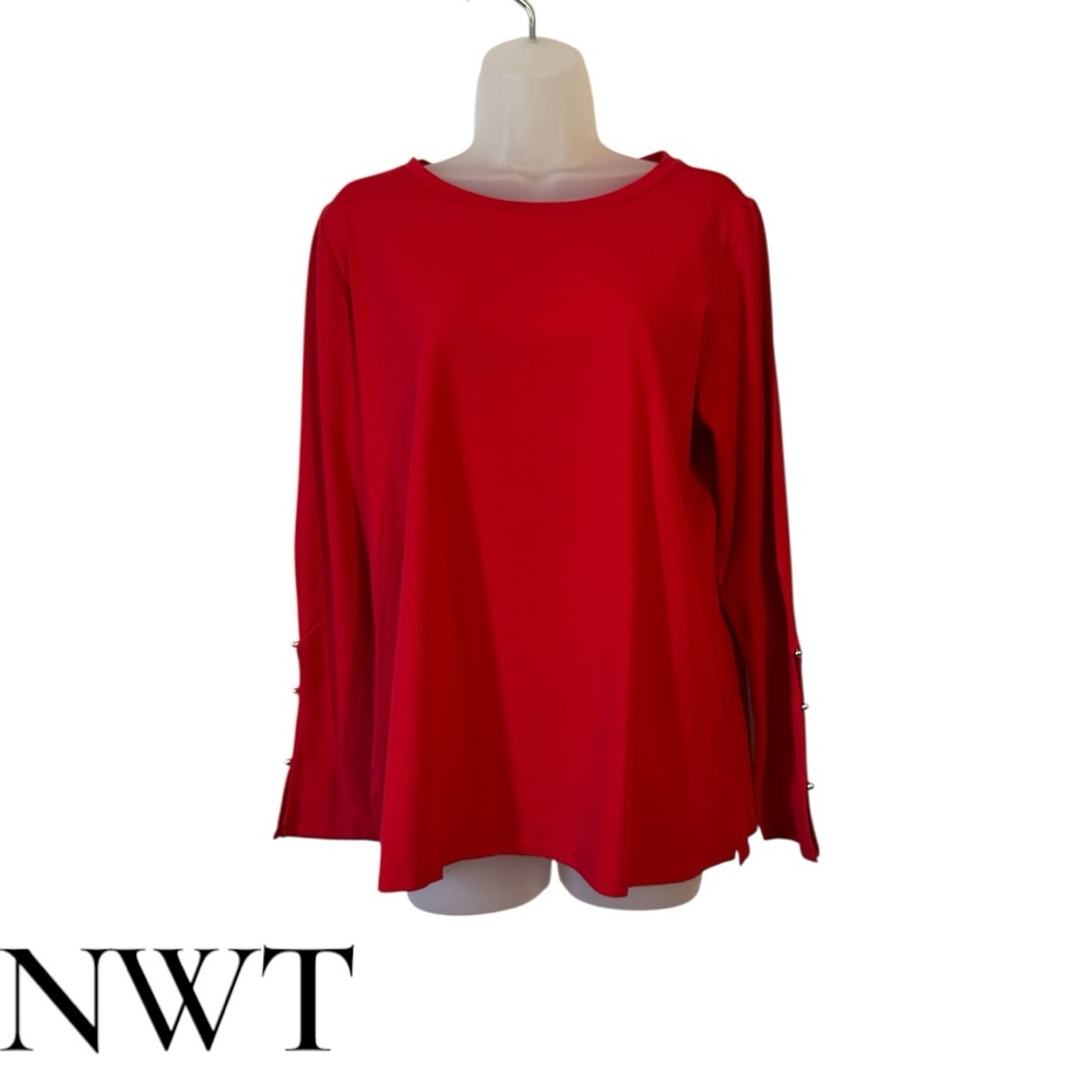 NWT DIANE GILMAN DG2 RED TOP w/BUTTON SLEEVE DETAIL LARGE #Z